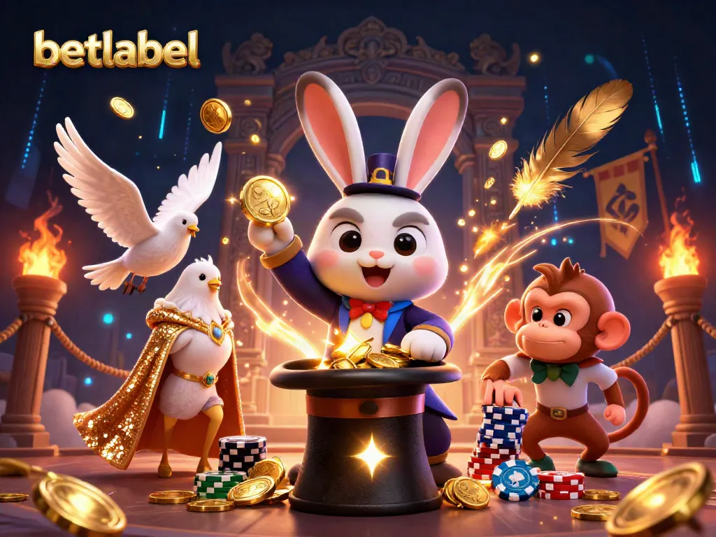 Engage with vibrant gaming at betlabel, showcasing a magician rabbit with golden coins in a magical casino scene.
