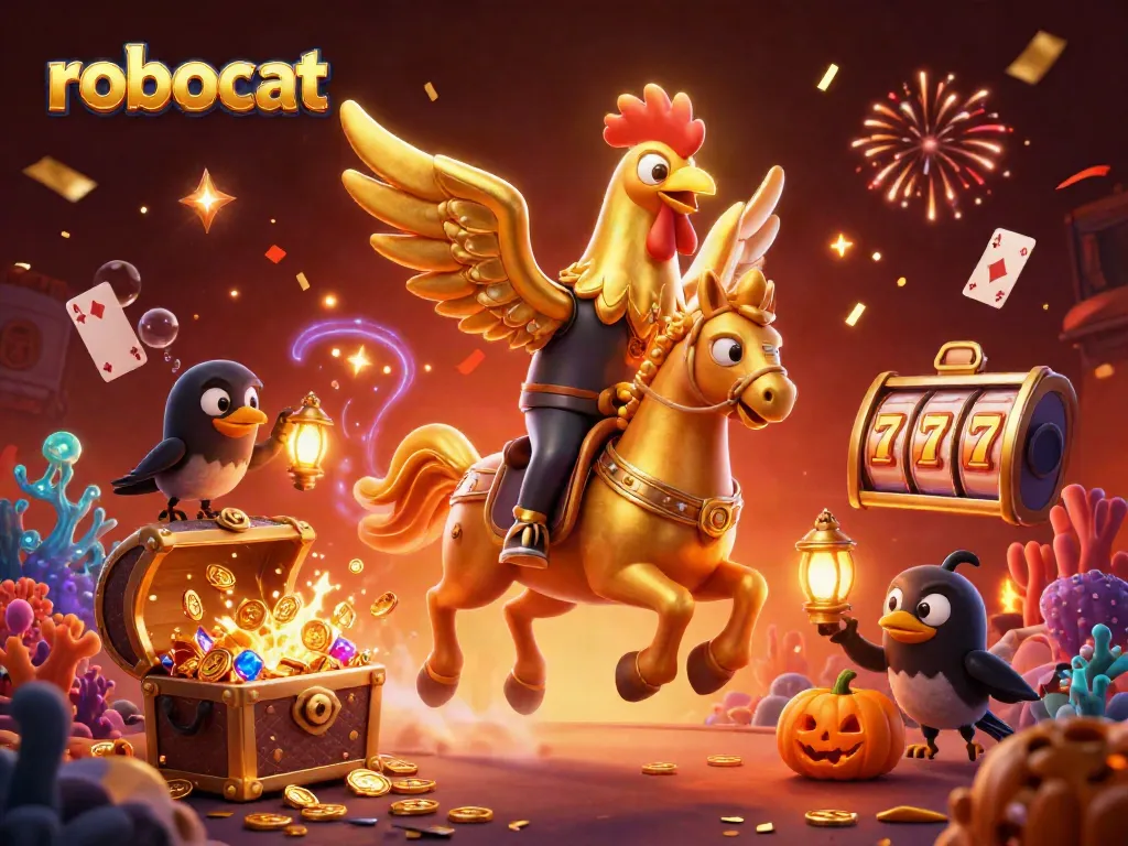 Experience robocat's amazing casino adventure with golden rooster and magical game elements.