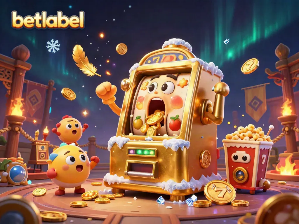 Experience the thrill of betlabel as a golden slot machine hits a jackpot, surrounded by cheering machines and game elements.