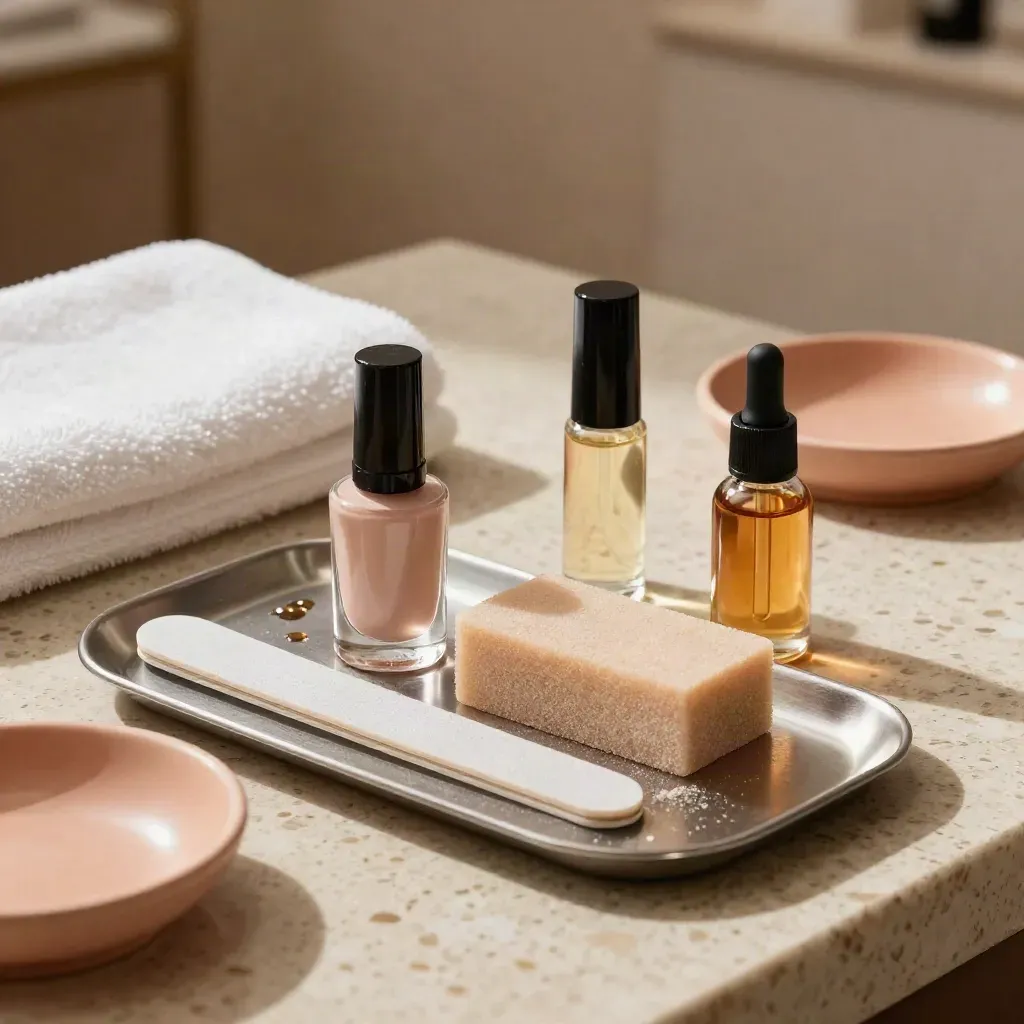 Mesa de manicura con esmalte nude, lima, buffer, aceite y toalla sobre travertino.
