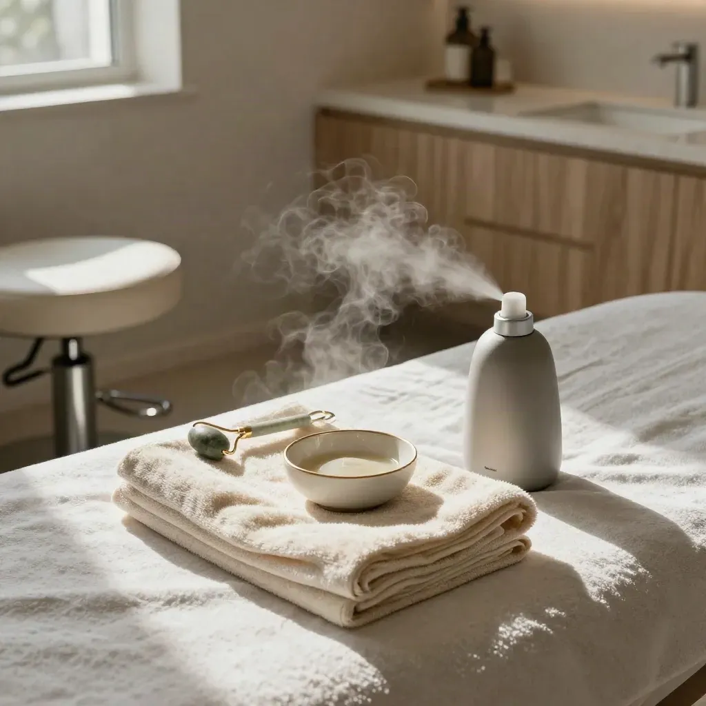 Cabina facial ordenada con toallas tibias, sérum, rodillo de piedra y humidificador.