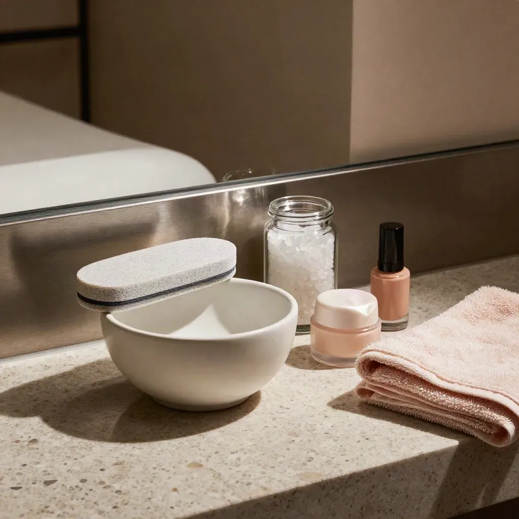 Set de pedicura con cuenco, sal, crema, esmalte nude y toalla en luz tenue.