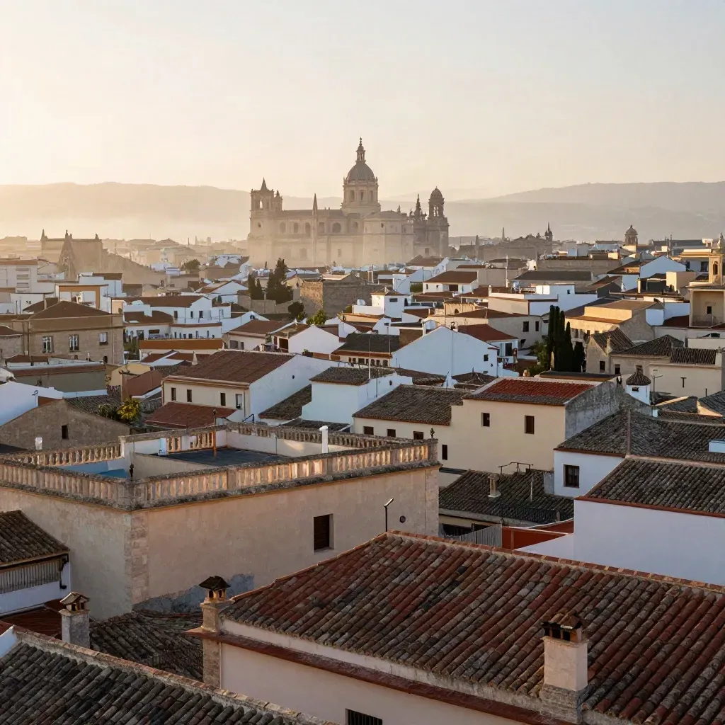 Vista aérea de Valencia al amanecer con el Micalet y tejados antiguos en bruma dorada.