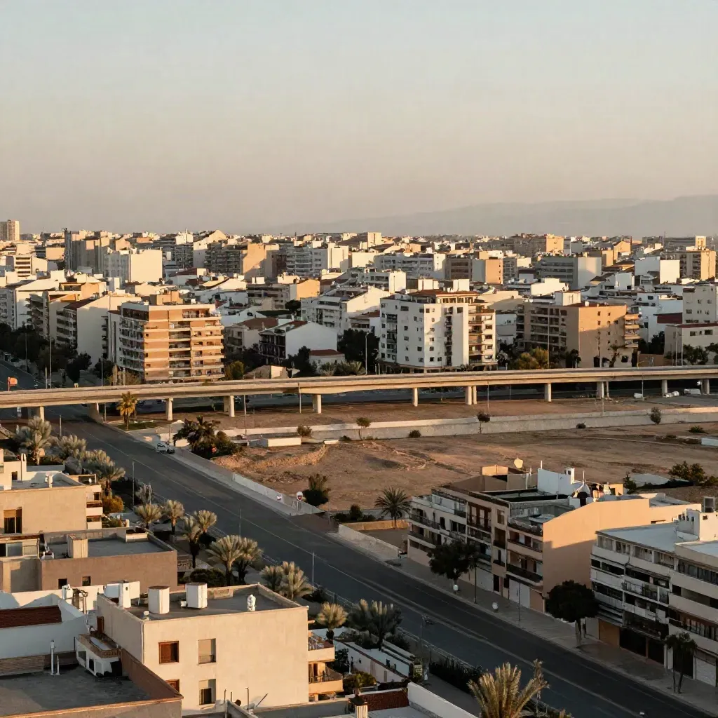 Vista elevada de la expansión urbana de Valencia al atardecer, con bloques modernos y puentes bajos.