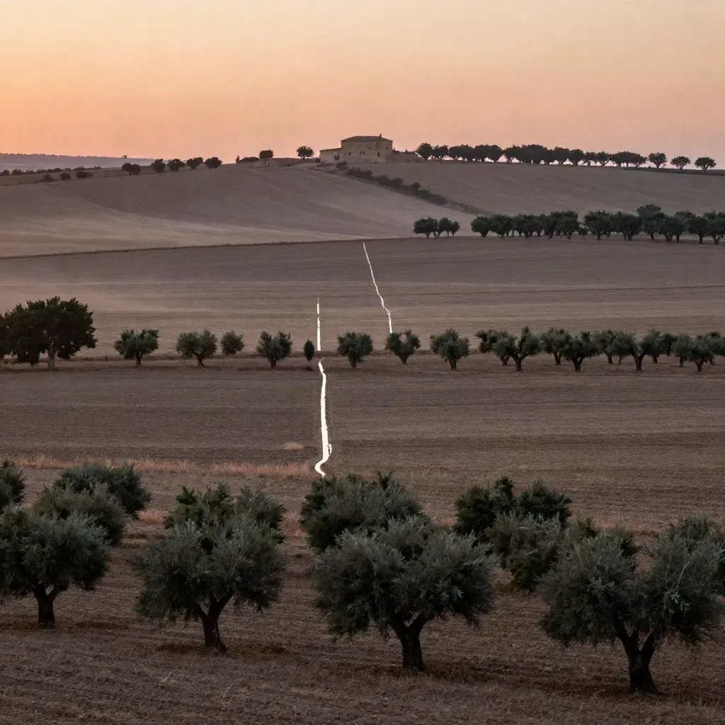 Huerta de Horta Sud al atardecer, con barracas lejanas y campos suaves para copiar encima