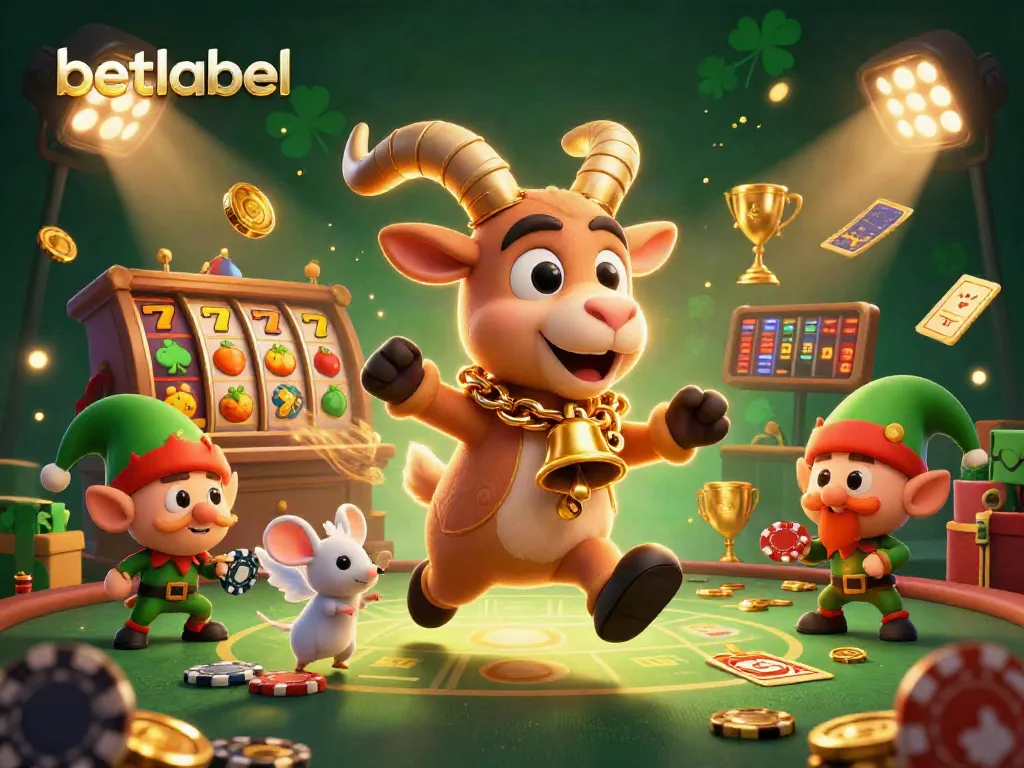 Betlabel showcases energetic casino scene with Krampus goat, angel mouse, and elf gremlins amidst vibrant slot action.