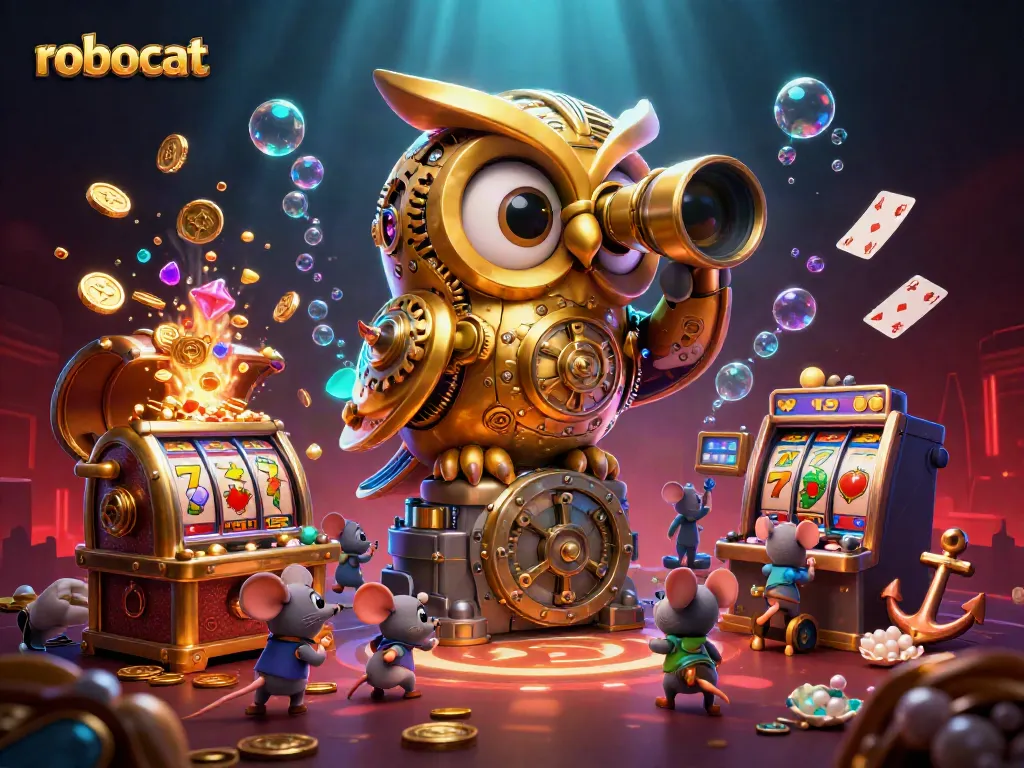 Engage in excitement with robocat's dynamic casino scene featuring golden owl and animated patrons.