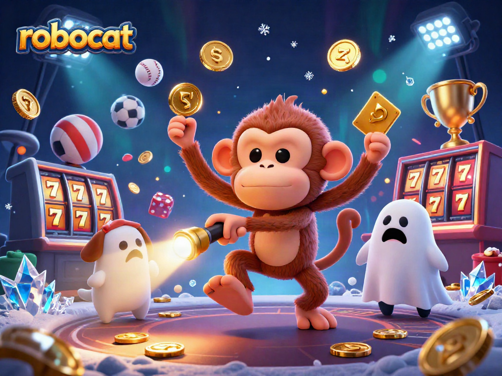 Robocat casino illustration showcasing a poltergeist monkey juggling gold coins in a haunted setting.